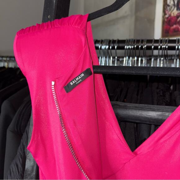 Balmain Fuchsia Ruched Mini Dress Metallic Shine V-Neck Pointed Shoulder - Picture 15 of 16